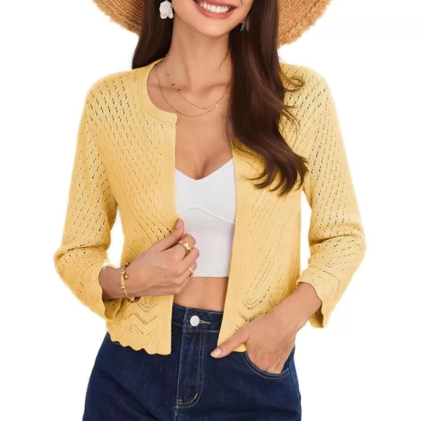 GRACE KARIN 2024 Womens 34 Sleeve Crew Neck HollowedOut Lightweight Cardigan Sweaters Open Front Cropped CardiganLight Yellow