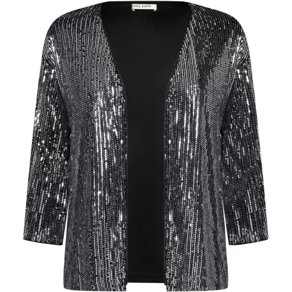 GRACE KARIN 2024 Womens 34 Sleeve Sequin Jackets Open Front Sequin Cardigan Sweaters Blazer S2XLBlack Silver