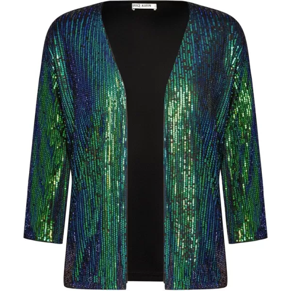 GRACE KARIN 2024 Womens 34 Sleeve Sequin Jackets Open Front Sequin Cardigan Sweaters Blazer S2XLBlue Green