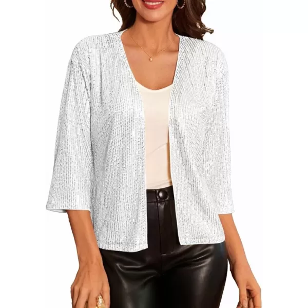 GRACE KARIN 2024 Womens 34 Sleeve Sequin Jackets Open Front Sequin Cardigan Sweaters Blazer S2XLSilver