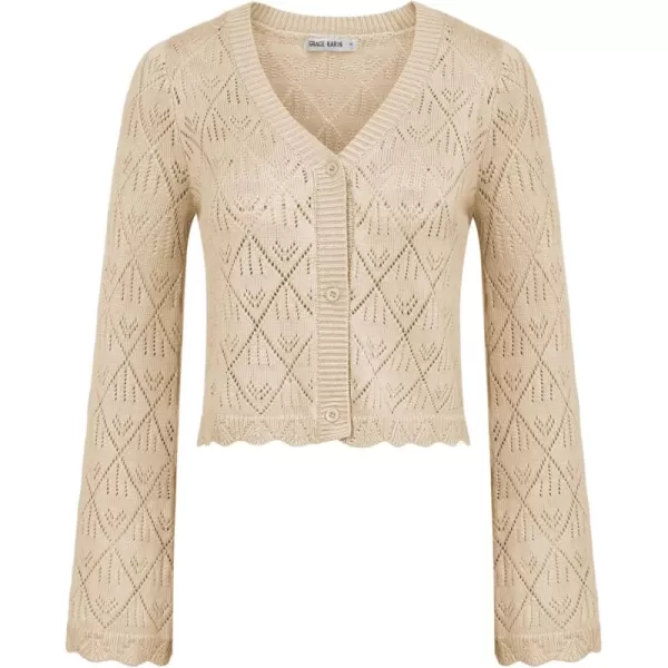 GRACE KARIN Cardigan Sweaters for Women Lightweight Button Down Open Front Short Crochet Shrug Long Sleeve V Neck 2024Apricot