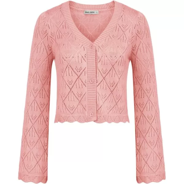 GRACE KARIN Cardigan Sweaters for Women Lightweight Button Down Open Front Short Crochet Shrug Long Sleeve V Neck 2024Pink
