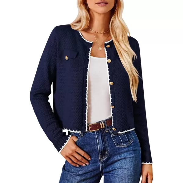 GRACE KARIN Womens Cardigans 2024 Button Down Knit Sweater Contrast Color Lightweight Lady Jackets Fall OutfitsNavy Blue