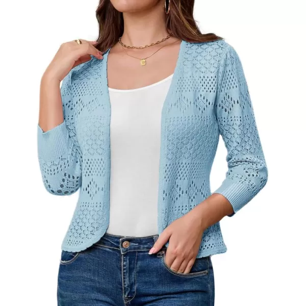 GRACE KARIN Womens Cardigans 34 Sleeve Open Front Cropped Cardigan Hollow Out Knit Shrugs for 2024 SummerLight Blue