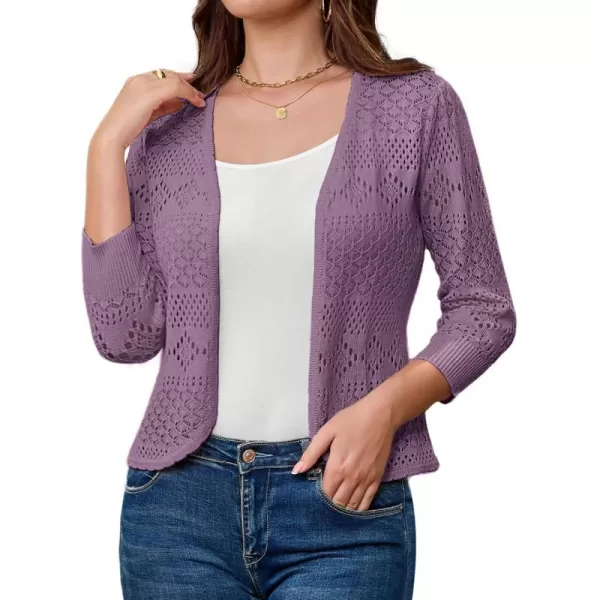 GRACE KARIN Womens Cardigans 34 Sleeve Open Front Cropped Cardigan Hollow Out Knit Shrugs for 2024 SummerPurple