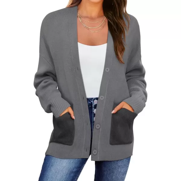 GRACE KARIN Womens Color Block Cardigan Sweater Long Sleeve Oversized Buttons Cardigans 2024 Fall Outfits with PocketsLight Gray