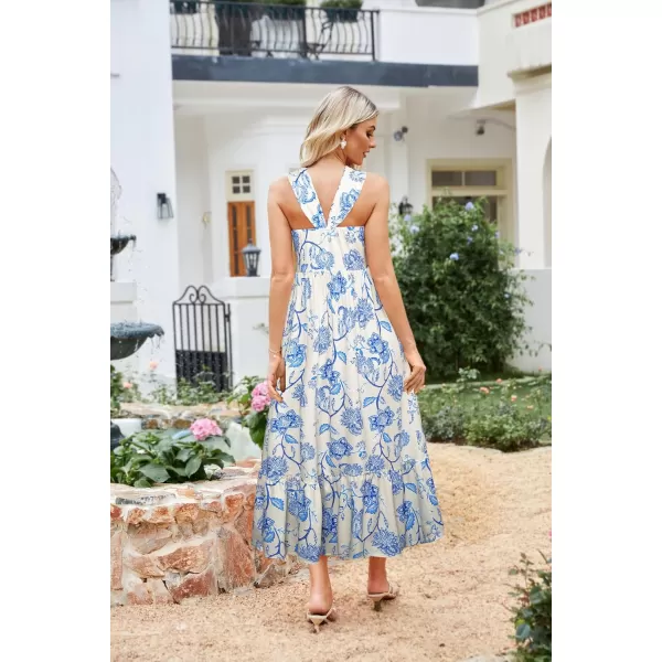 imageGRACE KARIN 2024 Womens Criss Cross Halterneck Sleeveless Summer Floral Print Flowy A Line Maxi DressBeige Blue