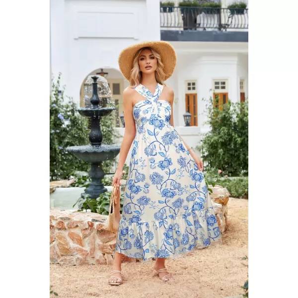 imageGRACE KARIN 2024 Womens Criss Cross Halterneck Sleeveless Summer Floral Print Flowy A Line Maxi DressBeige Blue