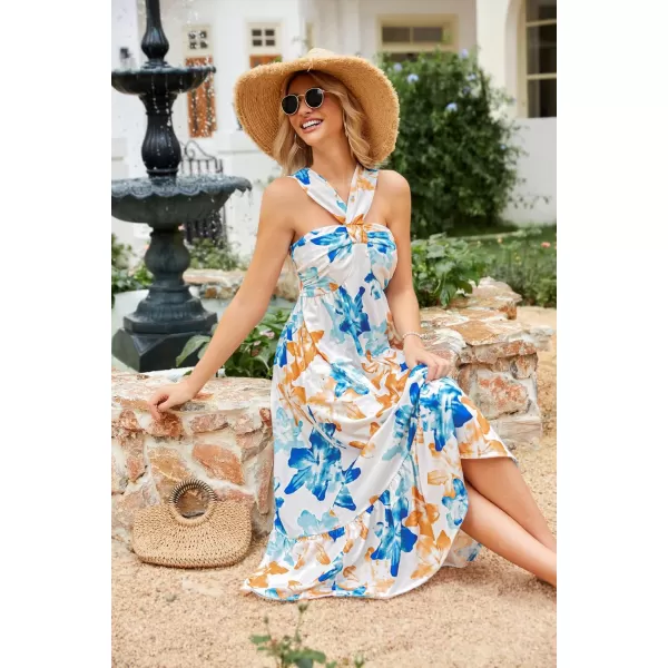 imageGRACE KARIN 2024 Womens Criss Cross Halterneck Sleeveless Summer Floral Print Flowy A Line Maxi DressBlue Brown