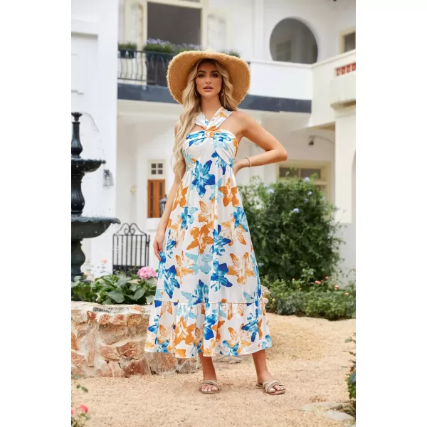 imageGRACE KARIN 2024 Womens Criss Cross Halterneck Sleeveless Summer Floral Print Flowy A Line Maxi DressBlue Brown