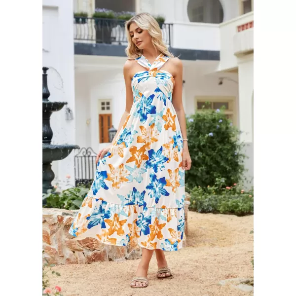 imageGRACE KARIN 2024 Womens Criss Cross Halterneck Sleeveless Summer Floral Print Flowy A Line Maxi DressBlue Brown