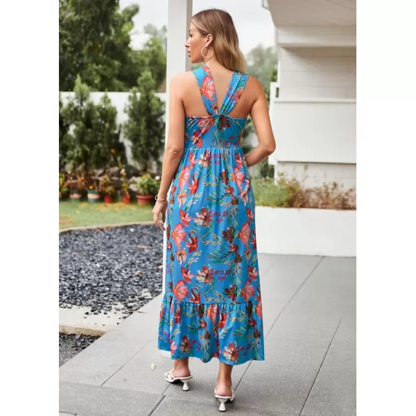 imageGRACE KARIN 2024 Womens Criss Cross Halterneck Sleeveless Summer Floral Print Flowy A Line Maxi DressBlue Red