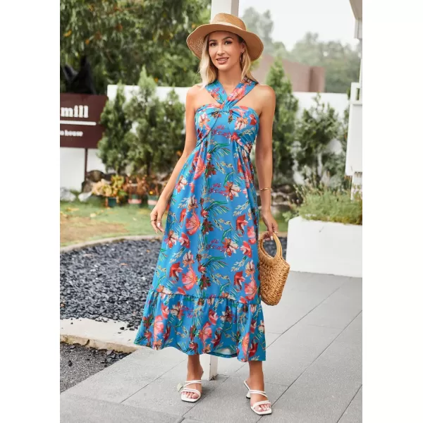 imageGRACE KARIN 2024 Womens Criss Cross Halterneck Sleeveless Summer Floral Print Flowy A Line Maxi DressBlue Red