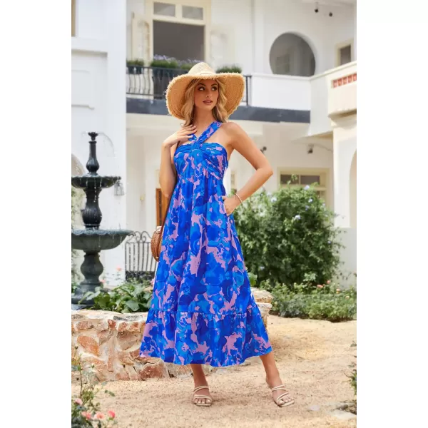 imageGRACE KARIN 2024 Womens Criss Cross Halterneck Sleeveless Summer Floral Print Flowy A Line Maxi DressBlue Rush