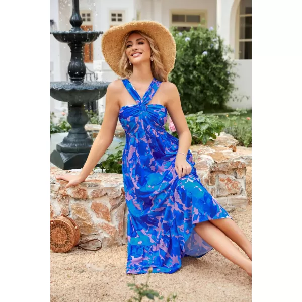 imageGRACE KARIN 2024 Womens Criss Cross Halterneck Sleeveless Summer Floral Print Flowy A Line Maxi DressBlue Rush