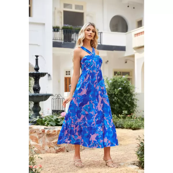 imageGRACE KARIN 2024 Womens Criss Cross Halterneck Sleeveless Summer Floral Print Flowy A Line Maxi DressBlue Rush
