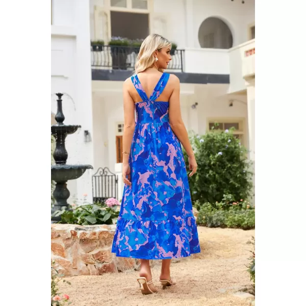 imageGRACE KARIN 2024 Womens Criss Cross Halterneck Sleeveless Summer Floral Print Flowy A Line Maxi DressBlue Rush