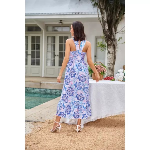 imageGRACE KARIN 2024 Womens Criss Cross Halterneck Sleeveless Summer Floral Print Flowy A Line Maxi DressBluishviolet