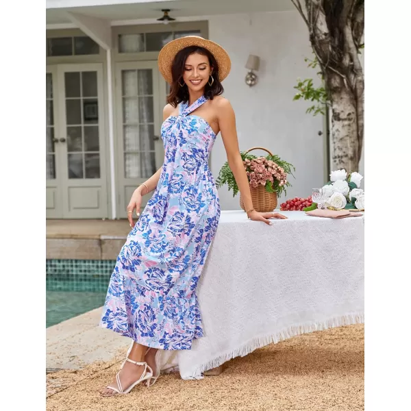 imageGRACE KARIN 2024 Womens Criss Cross Halterneck Sleeveless Summer Floral Print Flowy A Line Maxi DressBluishviolet