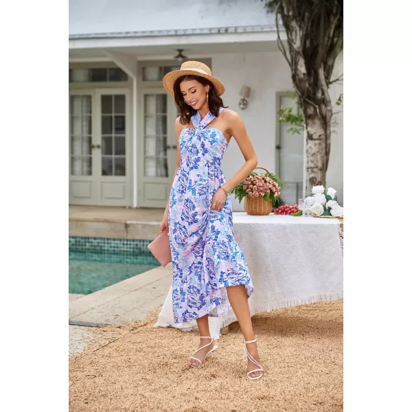 imageGRACE KARIN 2024 Womens Criss Cross Halterneck Sleeveless Summer Floral Print Flowy A Line Maxi DressBluishviolet