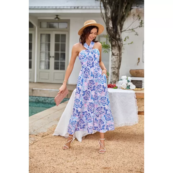 imageGRACE KARIN 2024 Womens Criss Cross Halterneck Sleeveless Summer Floral Print Flowy A Line Maxi DressBluishviolet