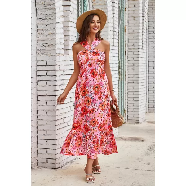 imageGRACE KARIN 2024 Womens Criss Cross Halterneck Sleeveless Summer Floral Print Flowy A Line Maxi DressBrightpink