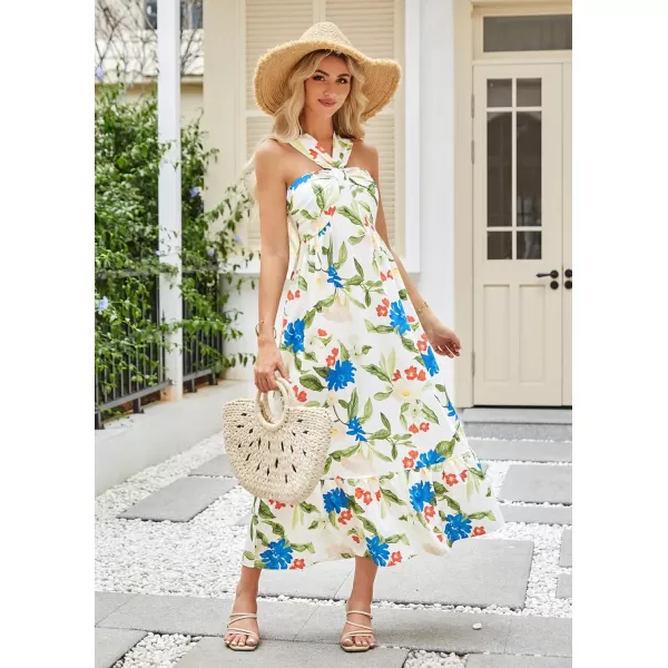 imageGRACE KARIN 2024 Womens Criss Cross Halterneck Sleeveless Summer Floral Print Flowy A Line Maxi DressFloral White 2