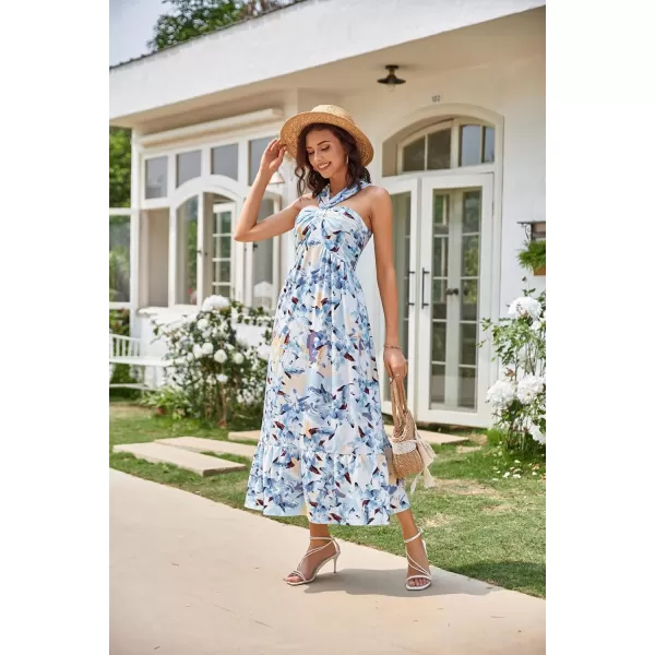 imageGRACE KARIN 2024 Womens Criss Cross Halterneck Sleeveless Summer Floral Print Flowy A Line Maxi DressFloral White Blue