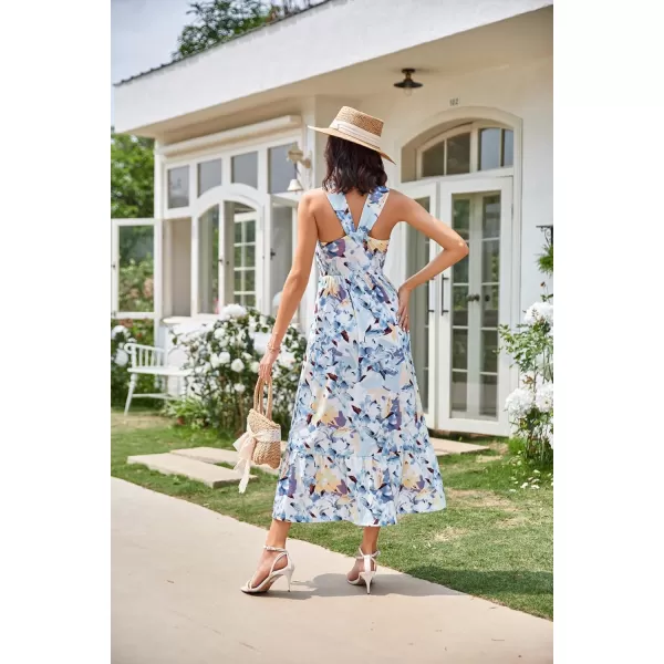 imageGRACE KARIN 2024 Womens Criss Cross Halterneck Sleeveless Summer Floral Print Flowy A Line Maxi DressFloral White Blue