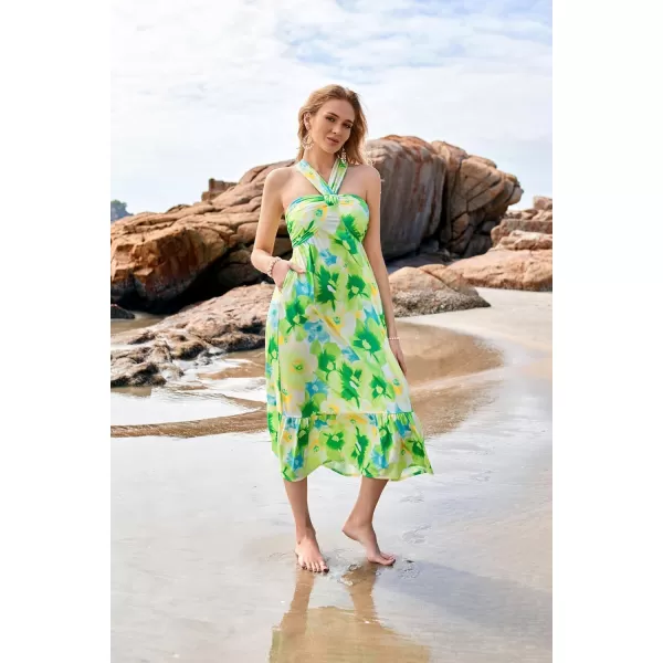 imageGRACE KARIN 2024 Womens Criss Cross Halterneck Sleeveless Summer Floral Print Flowy A Line Maxi DressGreen Viola