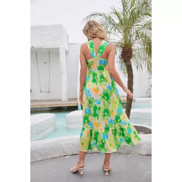 imageGRACE KARIN 2024 Womens Criss Cross Halterneck Sleeveless Summer Floral Print Flowy A Line Maxi DressGreen Viola