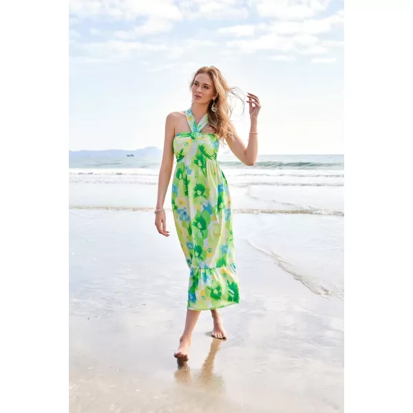 imageGRACE KARIN 2024 Womens Criss Cross Halterneck Sleeveless Summer Floral Print Flowy A Line Maxi DressGreen Viola