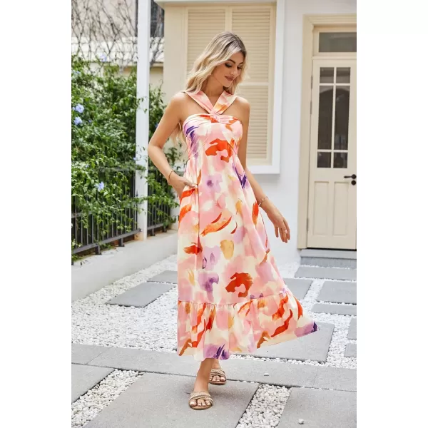 imageGRACE KARIN 2024 Womens Criss Cross Halterneck Sleeveless Summer Floral Print Flowy A Line Maxi DressLilac Calpyso