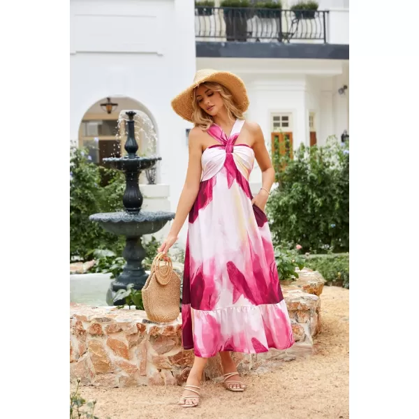 imageGRACE KARIN 2024 Womens Criss Cross Halterneck Sleeveless Summer Floral Print Flowy A Line Maxi DressMagenta Tie Dye