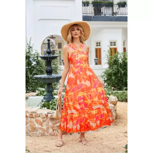 imageGRACE KARIN 2024 Womens Criss Cross Halterneck Sleeveless Summer Floral Print Flowy A Line Maxi DressOrange