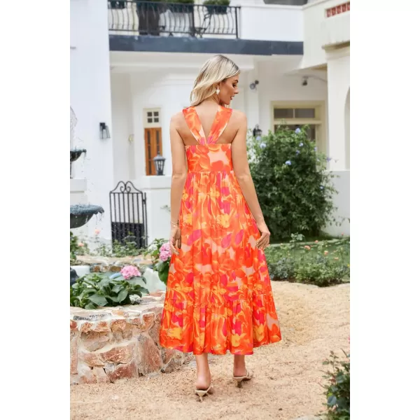 imageGRACE KARIN 2024 Womens Criss Cross Halterneck Sleeveless Summer Floral Print Flowy A Line Maxi DressOrange