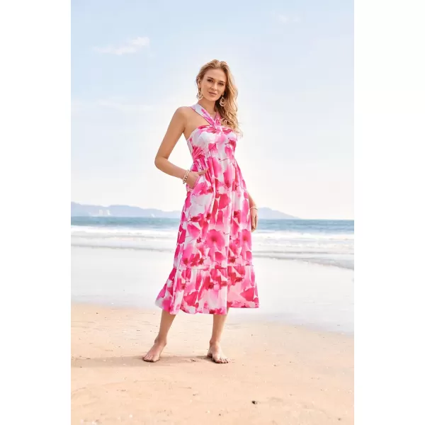 imageGRACE KARIN 2024 Womens Criss Cross Halterneck Sleeveless Summer Floral Print Flowy A Line Maxi DressPink Watercolour