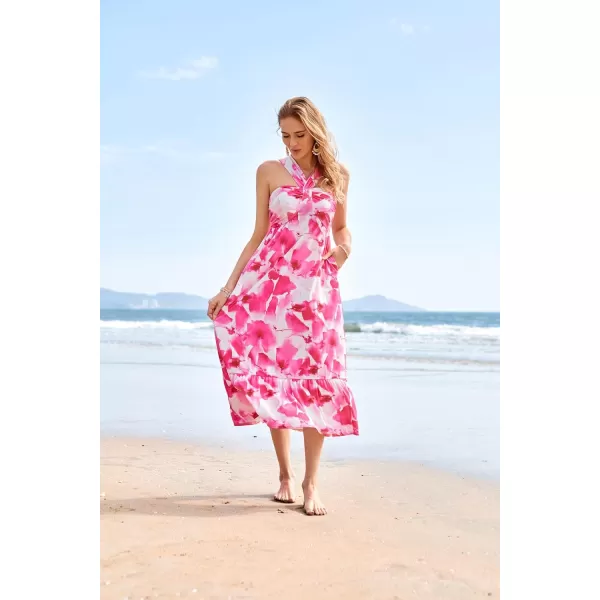 imageGRACE KARIN 2024 Womens Criss Cross Halterneck Sleeveless Summer Floral Print Flowy A Line Maxi DressPink Watercolour