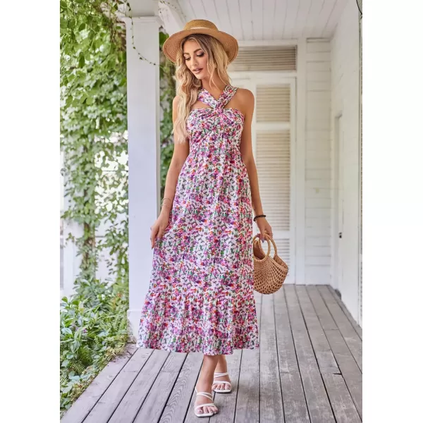imageGRACE KARIN 2024 Womens Criss Cross Halterneck Sleeveless Summer Floral Print Flowy A Line Maxi DressPurple
