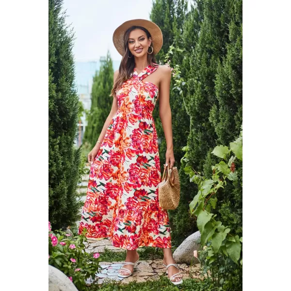 imageGRACE KARIN 2024 Womens Criss Cross Halterneck Sleeveless Summer Floral Print Flowy A Line Maxi DressRose Orange
