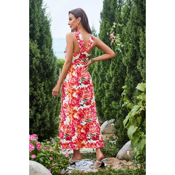 imageGRACE KARIN 2024 Womens Criss Cross Halterneck Sleeveless Summer Floral Print Flowy A Line Maxi DressRose Orange