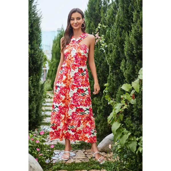 imageGRACE KARIN 2024 Womens Criss Cross Halterneck Sleeveless Summer Floral Print Flowy A Line Maxi DressRose Orange