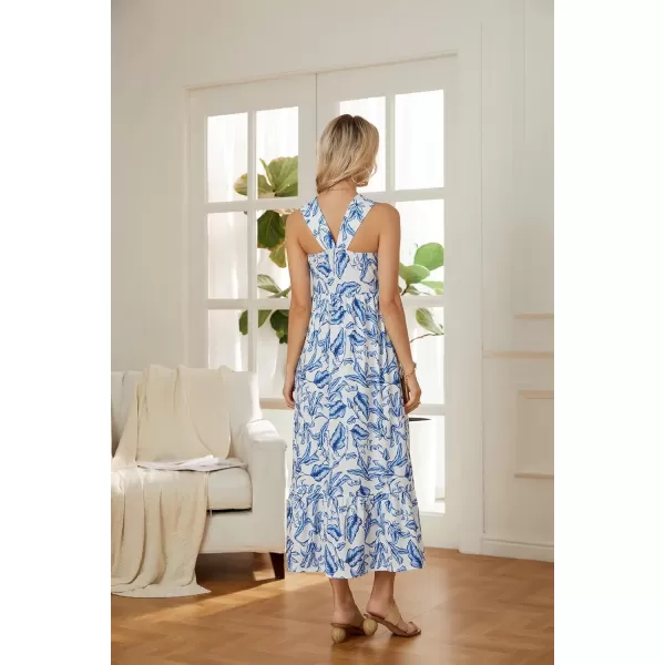 imageGRACE KARIN 2024 Womens Criss Cross Halterneck Sleeveless Summer Floral Print Flowy A Line Maxi DressWhite Blue