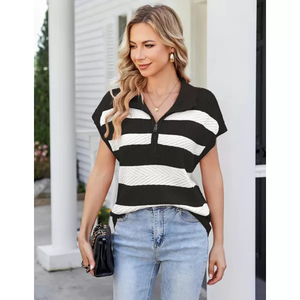 imageGRACE KARIN Womens Sleeveless Half Zip Sweaters Vest Summer Short Sleeve Sweater Casual Knit Pullover S2XLBlack Stripe
