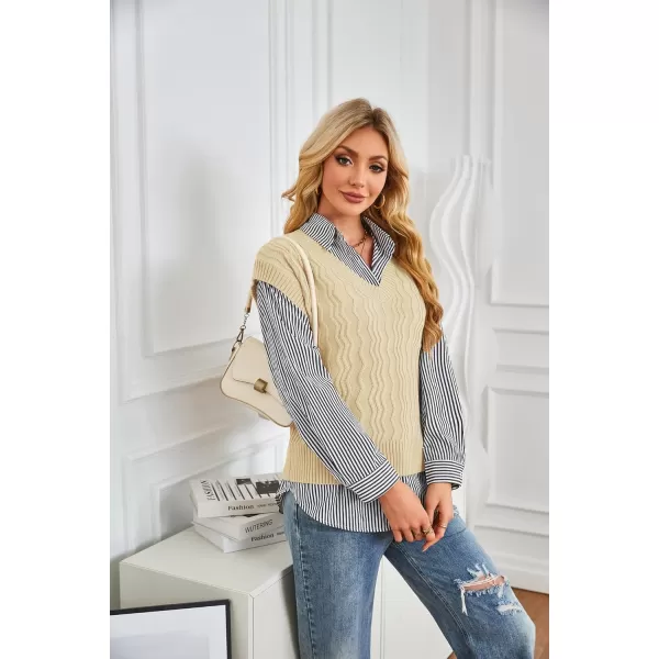 imageGRACE KARIN Womens V Neck Sweater Vest Ribbed Knit Casual Cap Sleeve Loose Fit Pullover Tops Fall Clothes 2024Beige