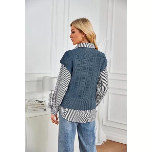 imageGRACE KARIN Womens V Neck Sweater Vest Ribbed Knit Casual Cap Sleeve Loose Fit Pullover Tops Fall Clothes 2024Blue Grey