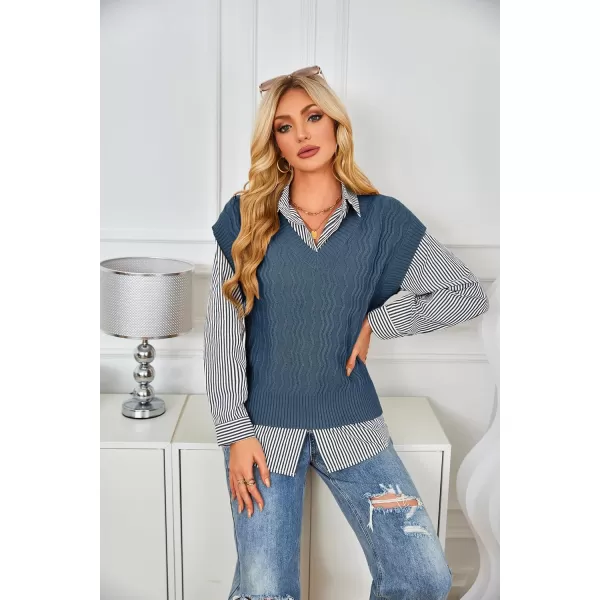 imageGRACE KARIN Womens V Neck Sweater Vest Ribbed Knit Casual Cap Sleeve Loose Fit Pullover Tops Fall Clothes 2024Blue Grey