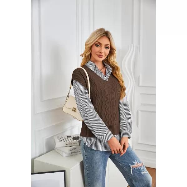 imageGRACE KARIN Womens V Neck Sweater Vest Ribbed Knit Casual Cap Sleeve Loose Fit Pullover Tops Fall Clothes 2024Brown