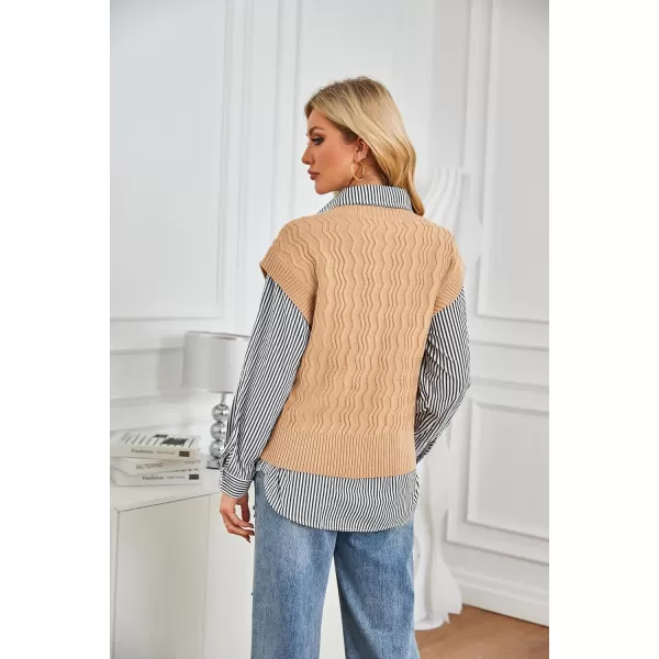 imageGRACE KARIN Womens V Neck Sweater Vest Ribbed Knit Casual Cap Sleeve Loose Fit Pullover Tops Fall Clothes 2024Khaki
