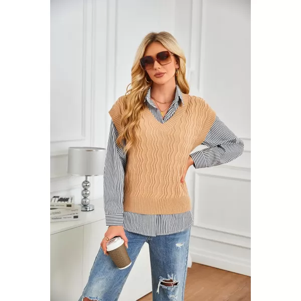 imageGRACE KARIN Womens V Neck Sweater Vest Ribbed Knit Casual Cap Sleeve Loose Fit Pullover Tops Fall Clothes 2024Khaki